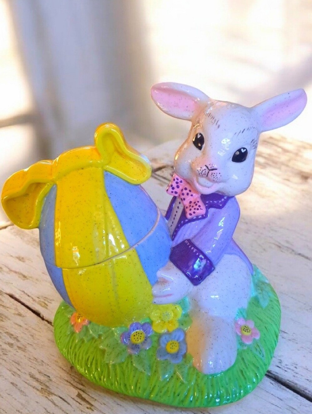 Ceramic Bunny Holding Yellow and Blue Easter Egg Candy Dish
